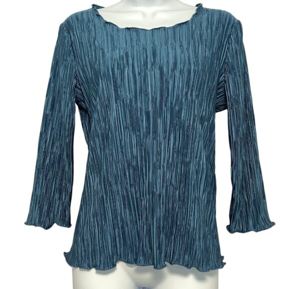 Yolanda Kwan Crinkle Pleated Top Womens M Lettuce Hem Lightweight Minimalist